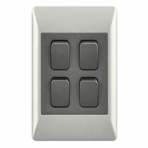 A silver 4-lever switch with four rectangular black buttons arranged in a 2x2 grid on a light background.