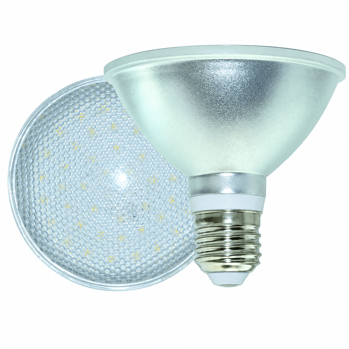 Red 9W PAR30 LED bulb with a silver reflective finish and a textured surface, showcasing a honeycomb lens design.