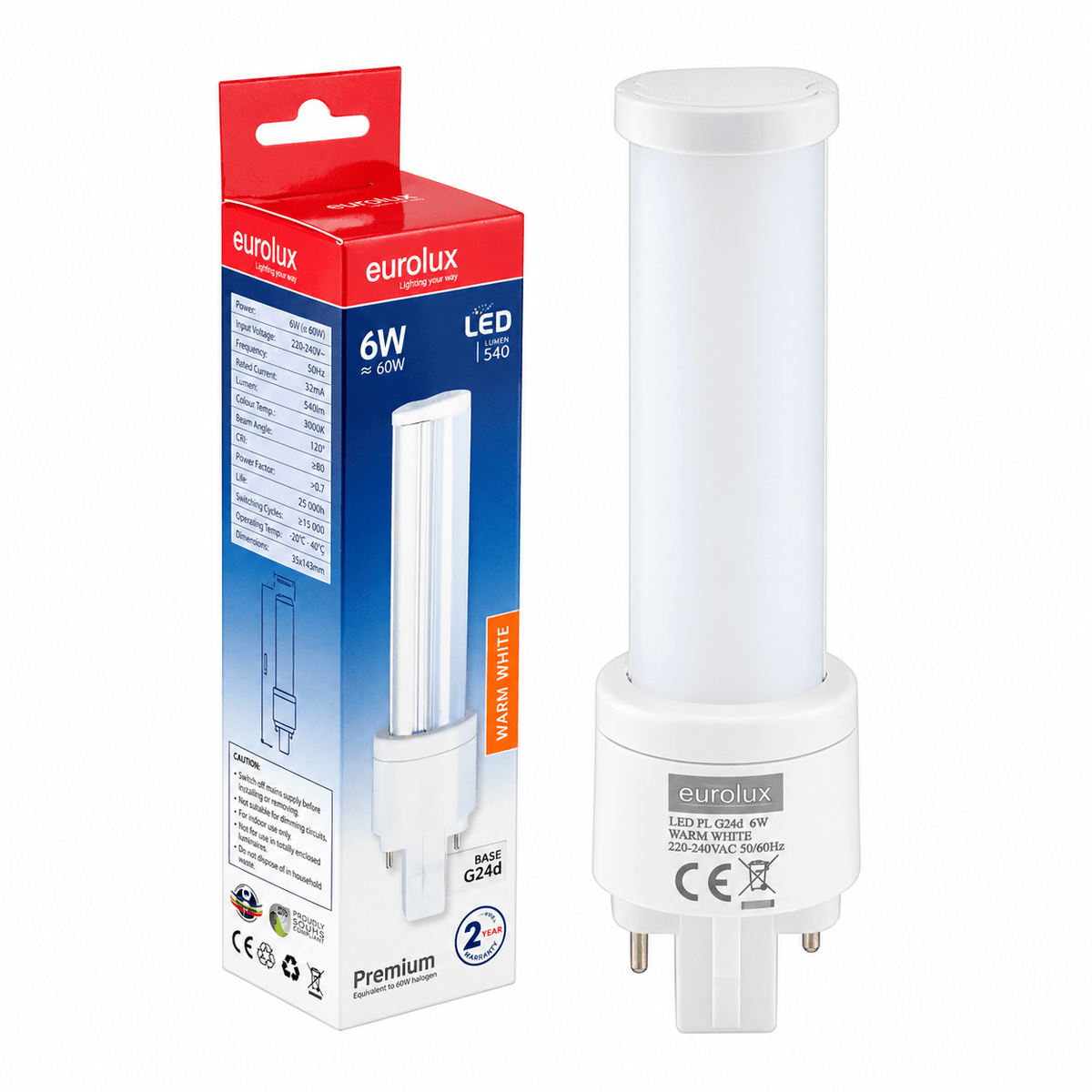 6W G24d LED PL Lamp, 3000K Warm White