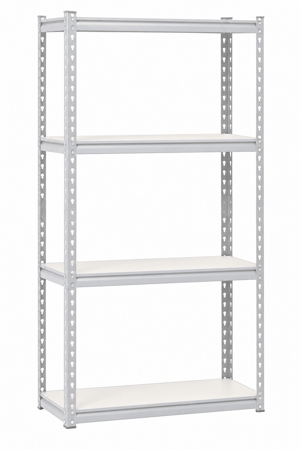 Four-tier steel shelving unit in grey, featuring a sturdy frame and white shelves, with perforated side supports.