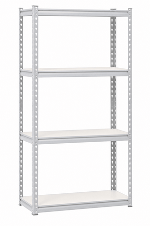 Four-tier steel shelving unit in grey, featuring a sturdy frame and white shelves, with perforated side supports.