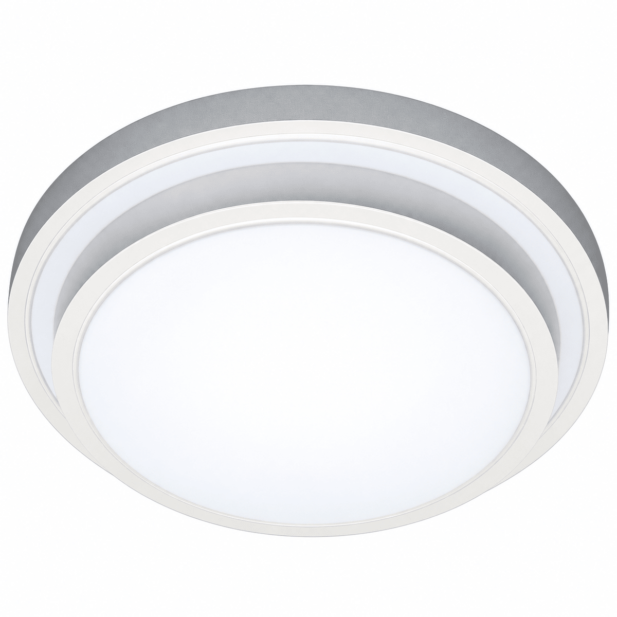Stepped aluminium ceiling fitting with three circular layers in white and grey finishes, featuring a central white light panel.