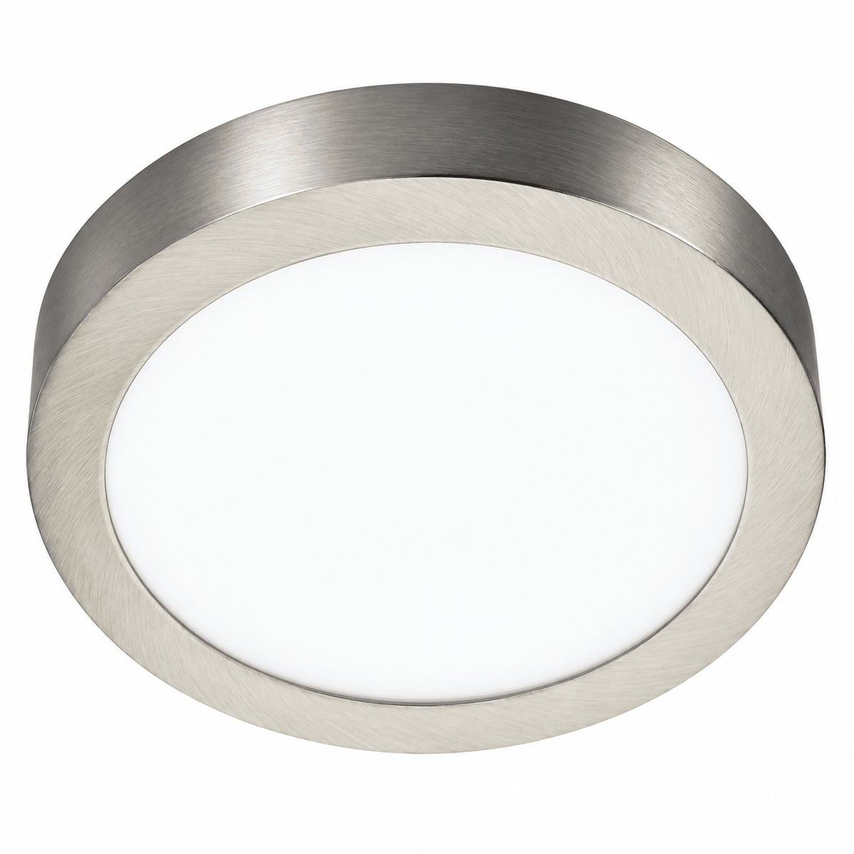 Round LED ceiling light with a satin chrome finish and a white diffuser. Mounted flush against a surface.