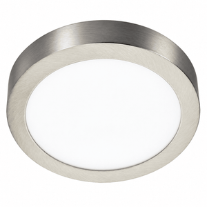 Round LED ceiling light with a satin chrome finish and a white diffuser. Mounted flush against a surface.