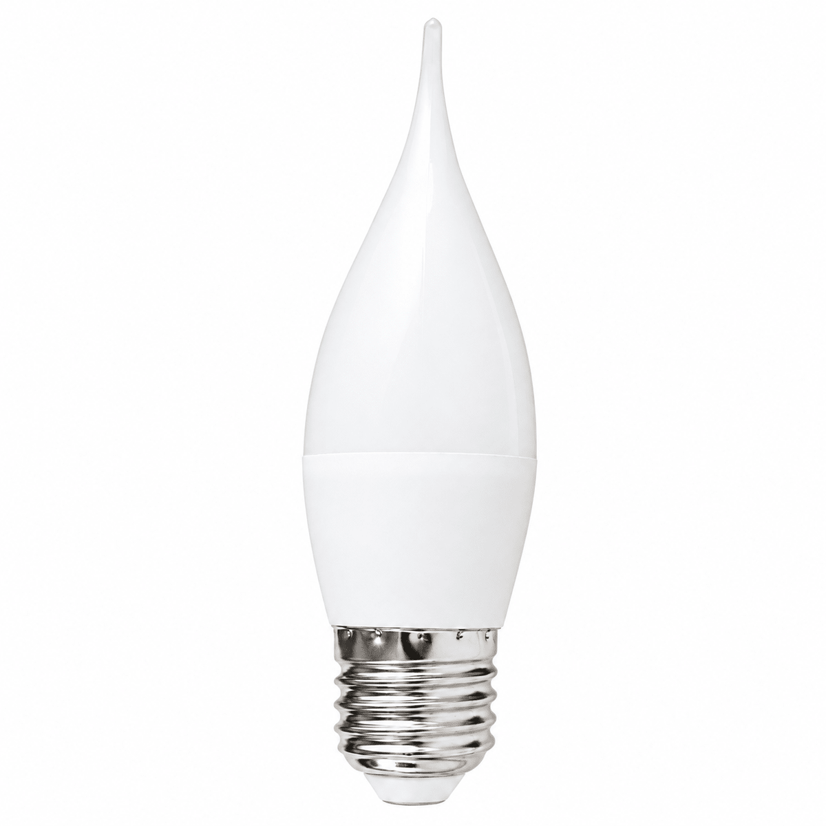 A 5W flame-shaped LED bulb with a white glass finish and a silver E27 base, set against a white background.