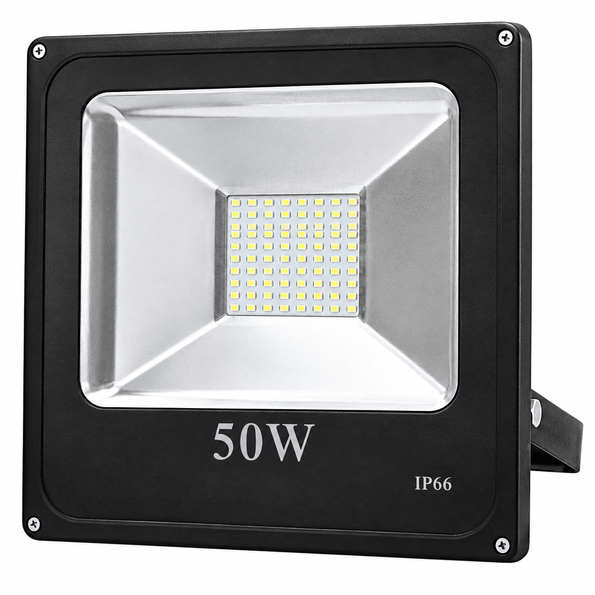A 50W LED flood light with a black frame and silver reflector, featuring a grid of small yellow bulbs.