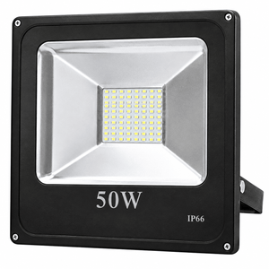A 50W LED flood light with a black frame and silver reflector, featuring a grid of small yellow bulbs.