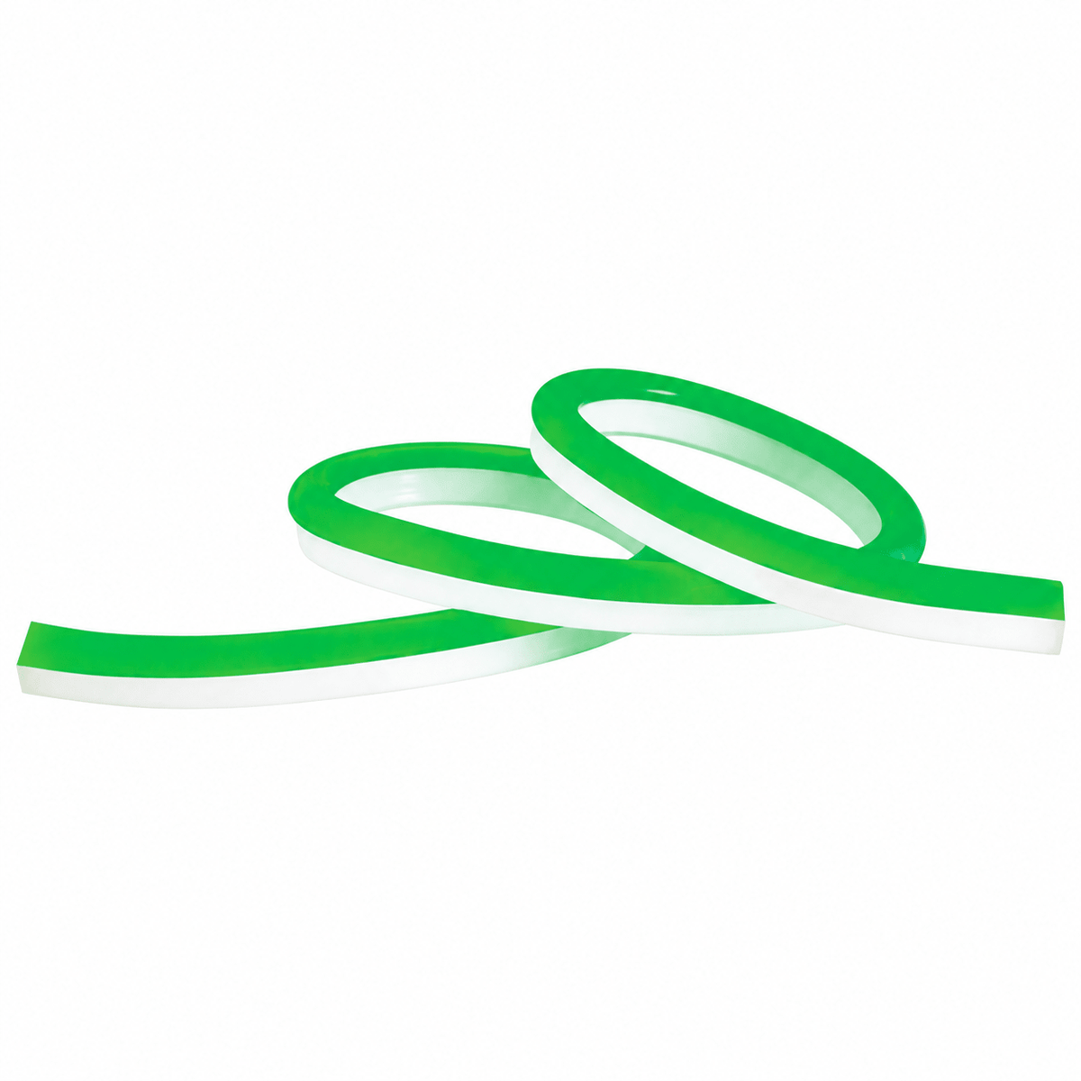 Green LED neon flex tubing arranged in loops and curves on a white background.