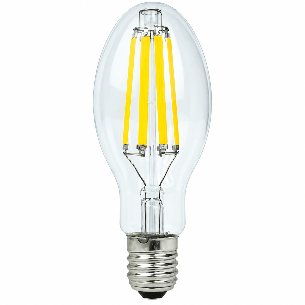 Clear glass LED bulb with a tapered shape, featuring four vertical yellow filaments and a silver base.