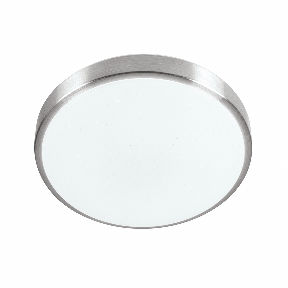 Round LED ceiling light with a white glass surface and a brushed metal rim, mounted against a white background.