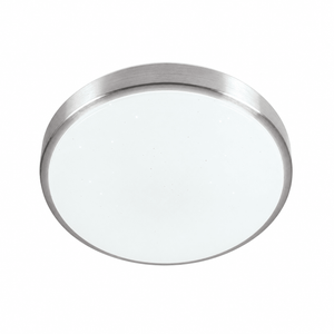 Round LED ceiling light with a white glass surface and a brushed metal rim, mounted against a white background.