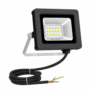 A black 10W floodlight with a silver lens, mounted on a silver bracket, featuring a black power cable with exposed wires.