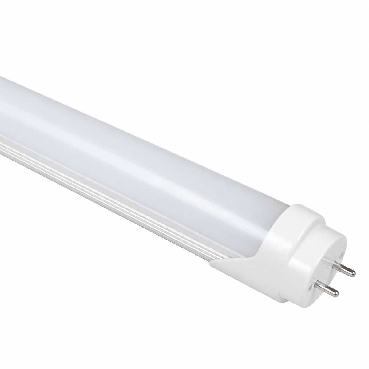 T8 LED butcher food display tube in white, featuring a frosted finish and two prong connectors at one end.