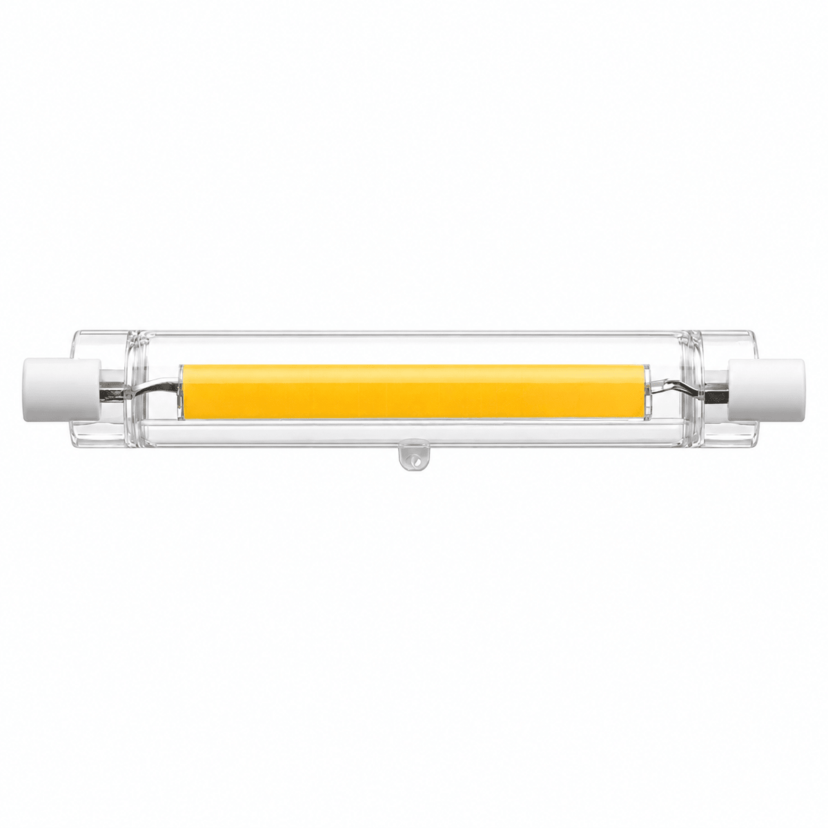 LED R7S bulb with a clear glass casing, featuring a central yellow light strip and white end caps.