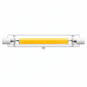 LED R7S bulb with a clear glass casing, featuring a central yellow light strip and white end caps.