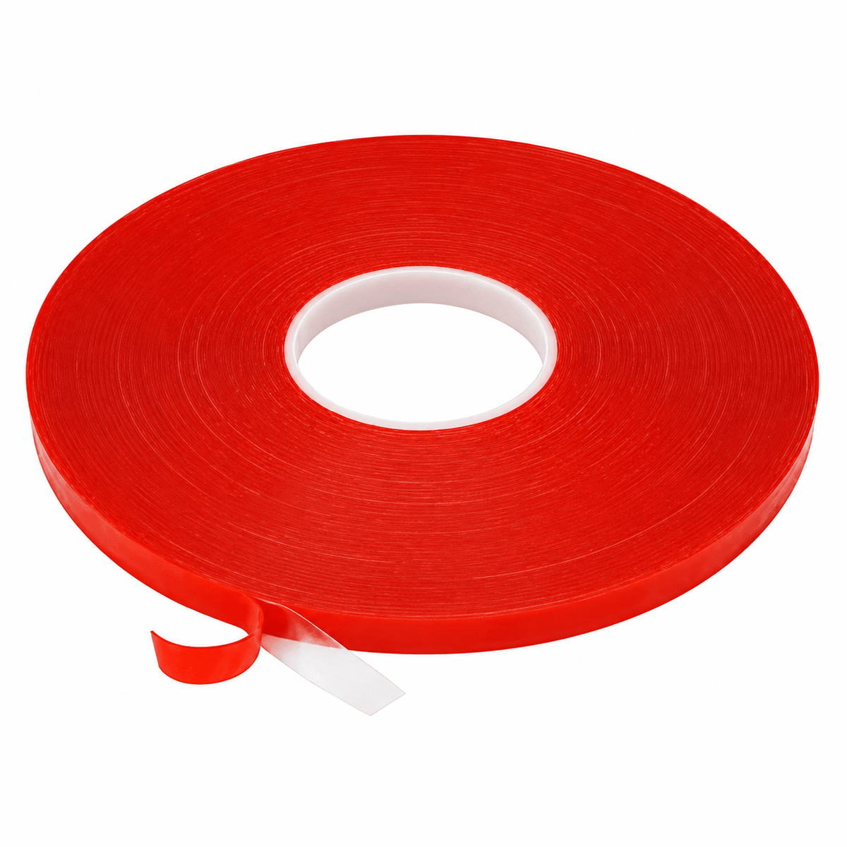 A roll of high-bond double-sided tape, 18mm wide, with a bright red finish and a white core, partially unrolled.