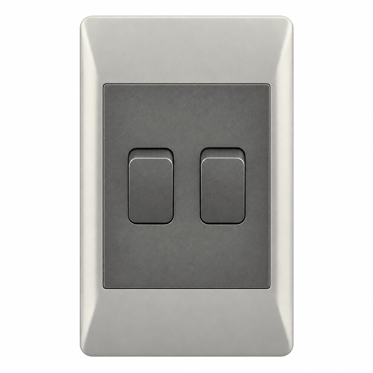 A silver and black two-way switch with two rectangular levers on a rectangular plate.