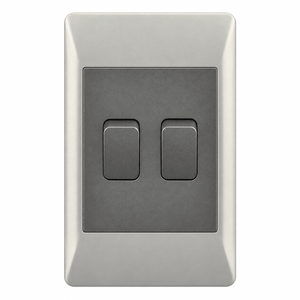 A silver and black two-way switch with two rectangular levers on a rectangular plate.