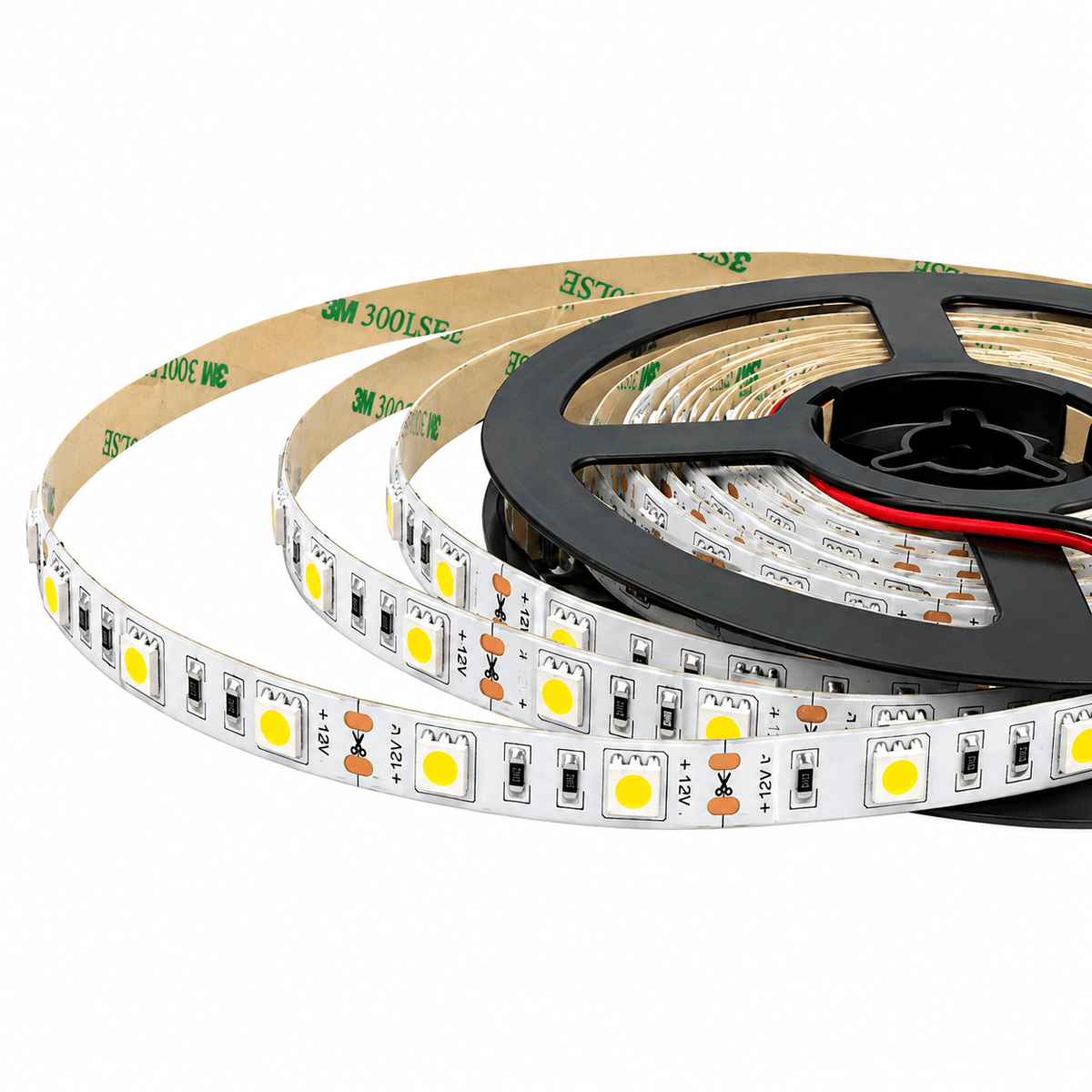 A coiled LED strip light with a black reel, featuring white and yellow light-emitting diodes.