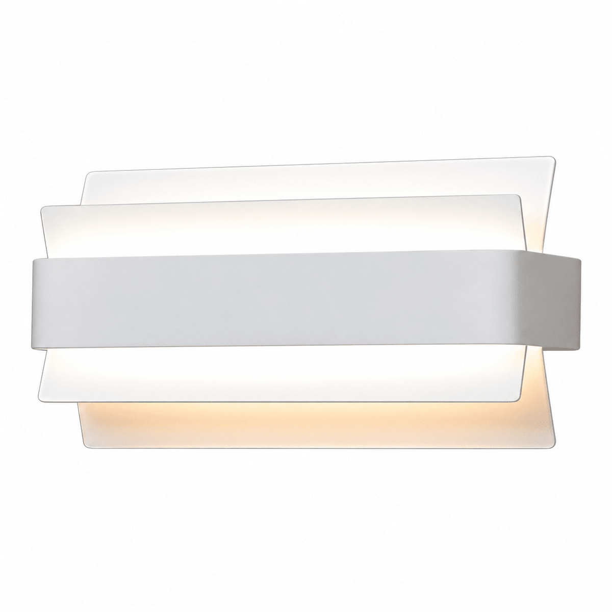 A modern indoor wall light with layered white shades and a central band, emitting a warm glow.