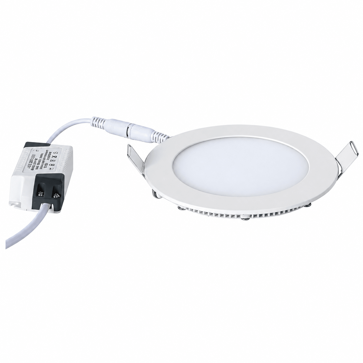 Recessed LED downlight with a round white finish and attached driver, featuring metal clips for installation.