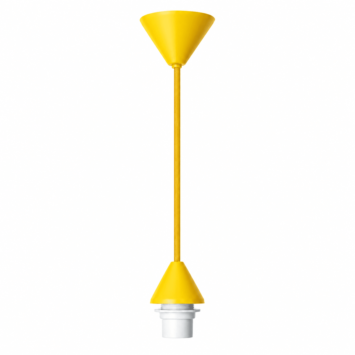 Yellow conical ceiling rose with a matching cord and white lamp holder, centered on a white background.