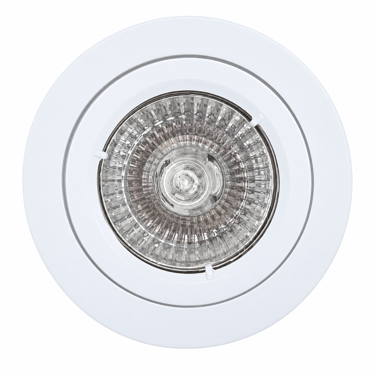 Satin chrome LED downlight holder with a circular white trim and a clear glass lens, showcasing a reflective interior.