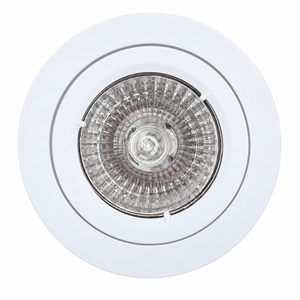 Satin chrome LED downlight holder with a circular white trim and a clear glass lens, showcasing a reflective interior.