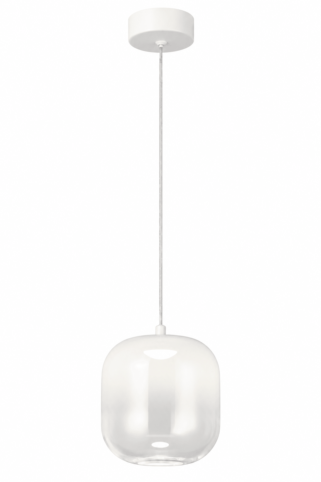 White glass pendant light with a rounded shape, suspended from a white ceiling mount by a thin cord.