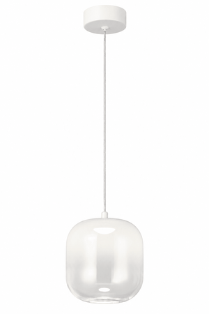 White glass pendant light with a rounded shape, suspended from a white ceiling mount by a thin cord.