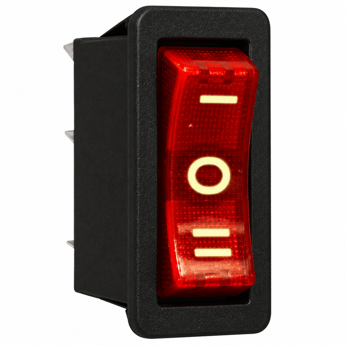 Black rocker switch with red illuminated toggle showing off symbol