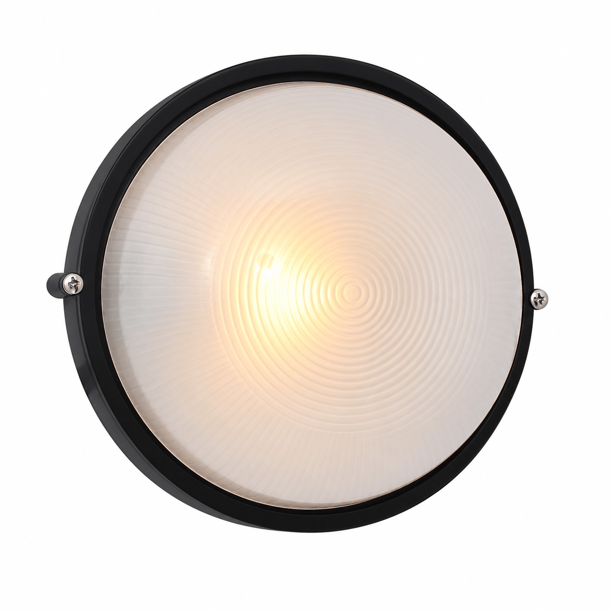 Black round outdoor wall bulkhead light with frosted glass lens and two mounting screws