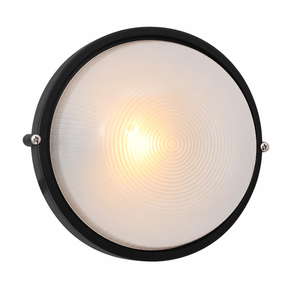 Black round outdoor wall bulkhead light with frosted glass lens and two mounting screws