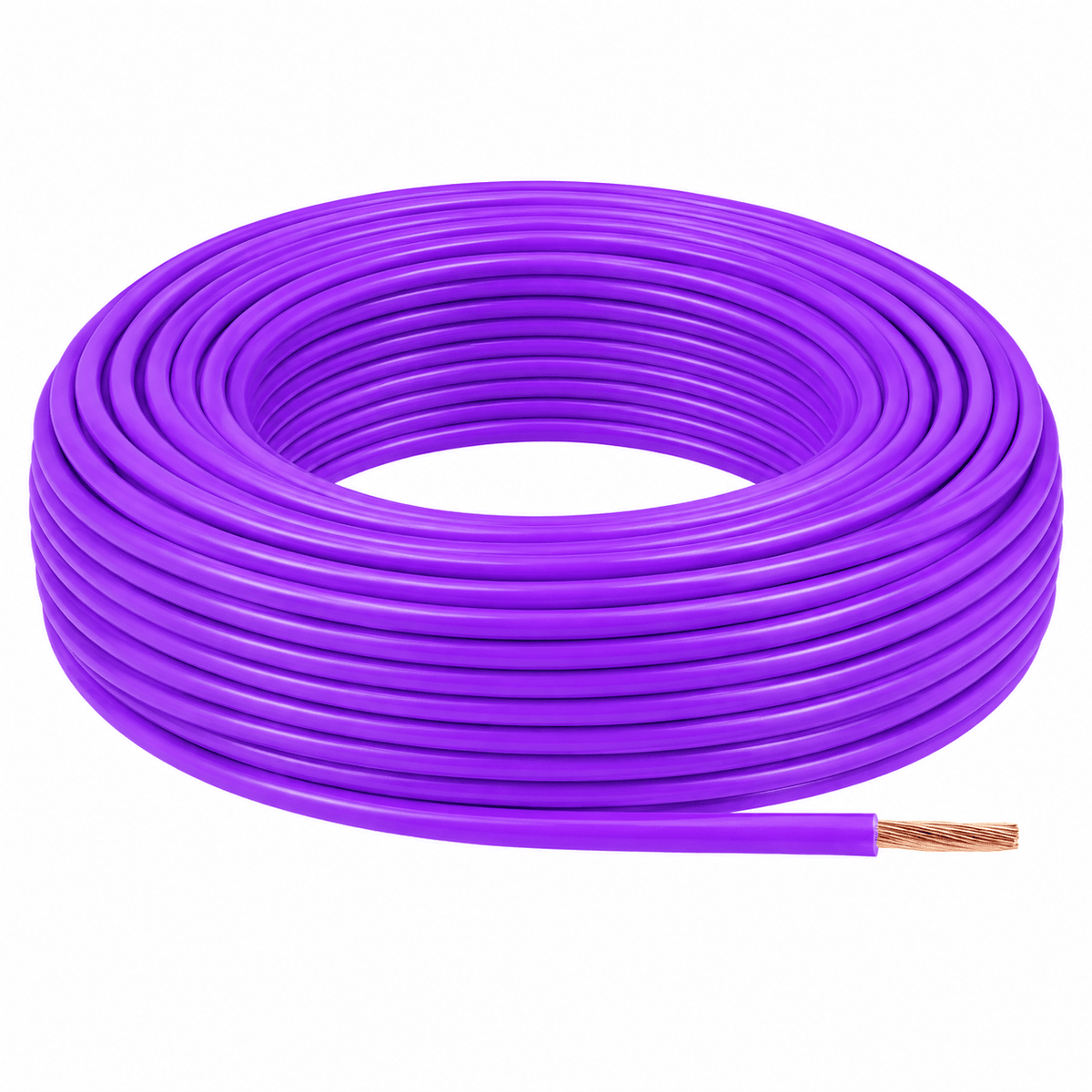 Coiled violet flexible electrical wire with exposed copper strands on white background