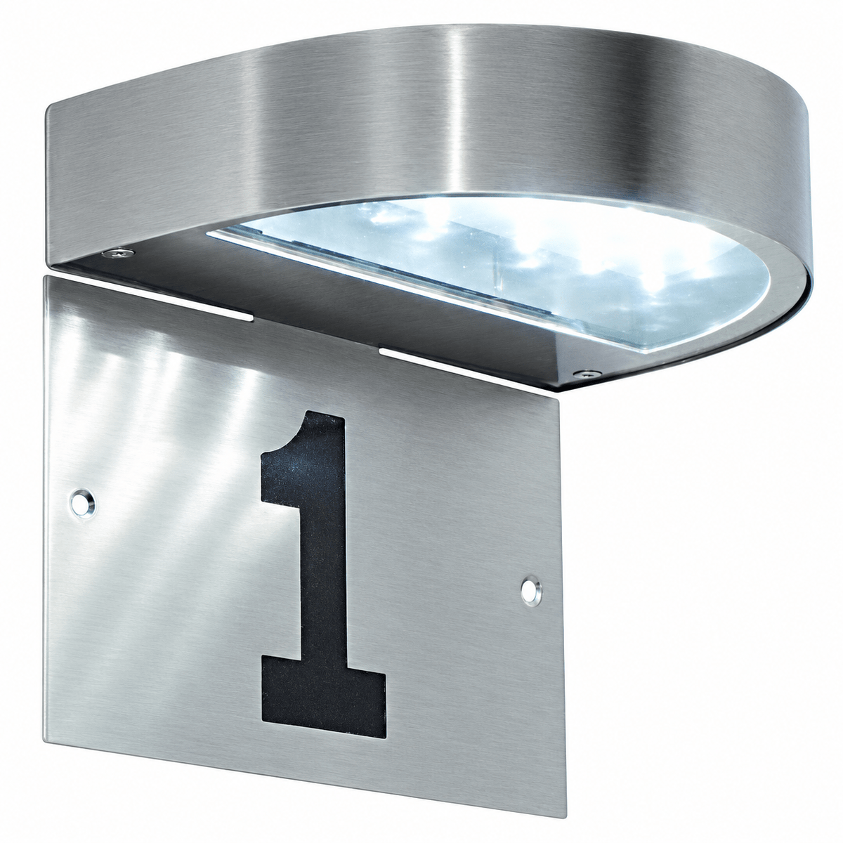 Stainless steel house number light with curved top and illuminated panel showing black number 1