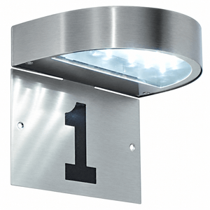 Stainless steel house number light with curved top and illuminated panel showing black number 1
