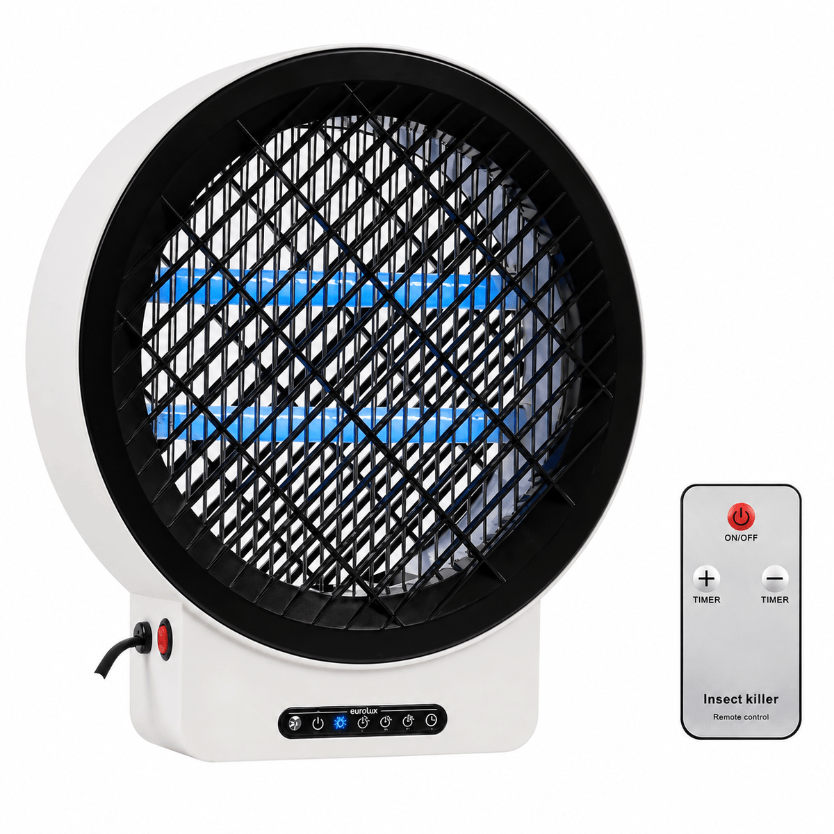 Round insect killer with black diamond grille, blue UV tubes, power cord and control panel