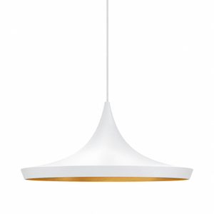 White pendant light with gold interior, hanging from a thin cord, sleek conical design.