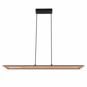 Linear pendant with black ceiling plate, two black cords, and a wooden‑finished rectangular LED housing.