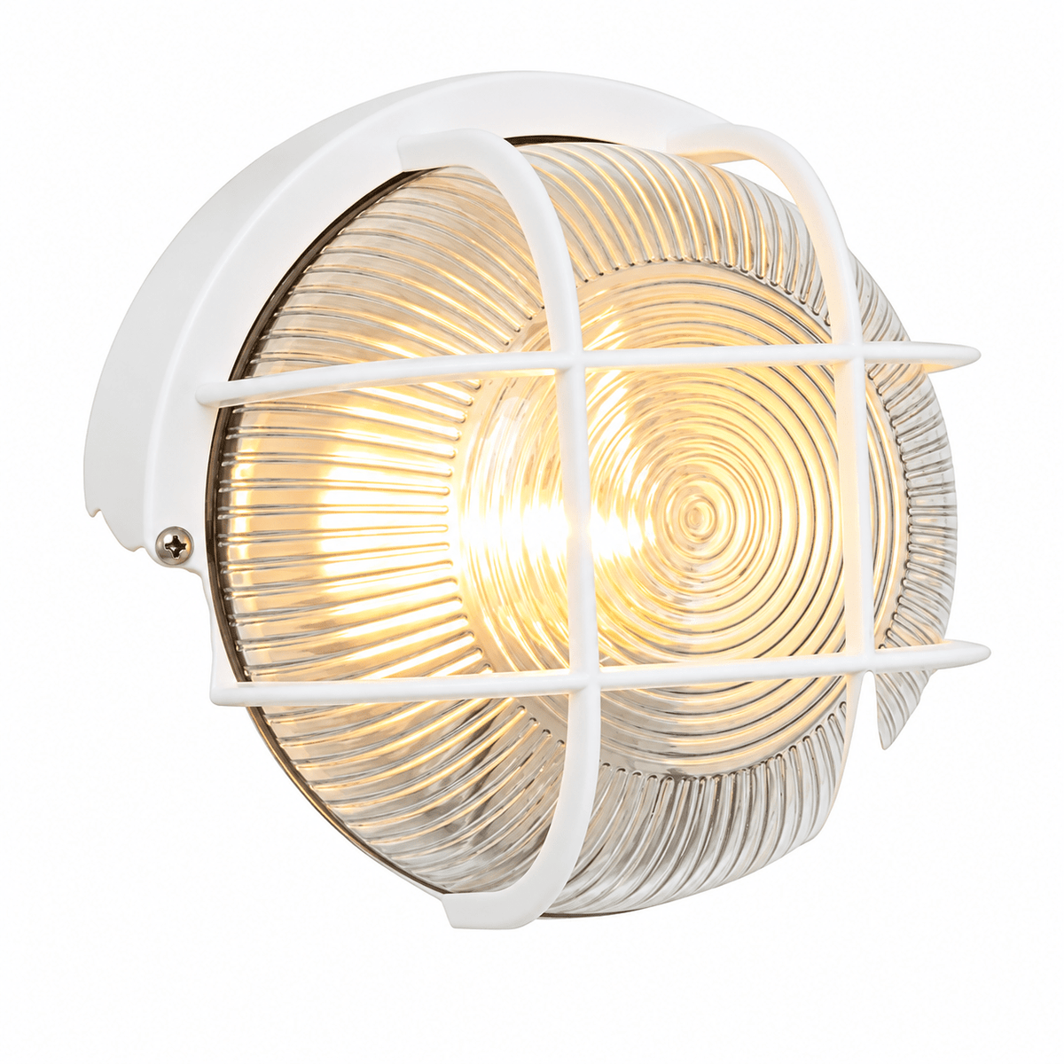 White circular bulkhead light with protective grid and ribbed clear glass lens, glowing warm yellow, on plain white
