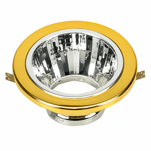 Gold‑finished recessed downlight with silver reflector and side brackets, white background