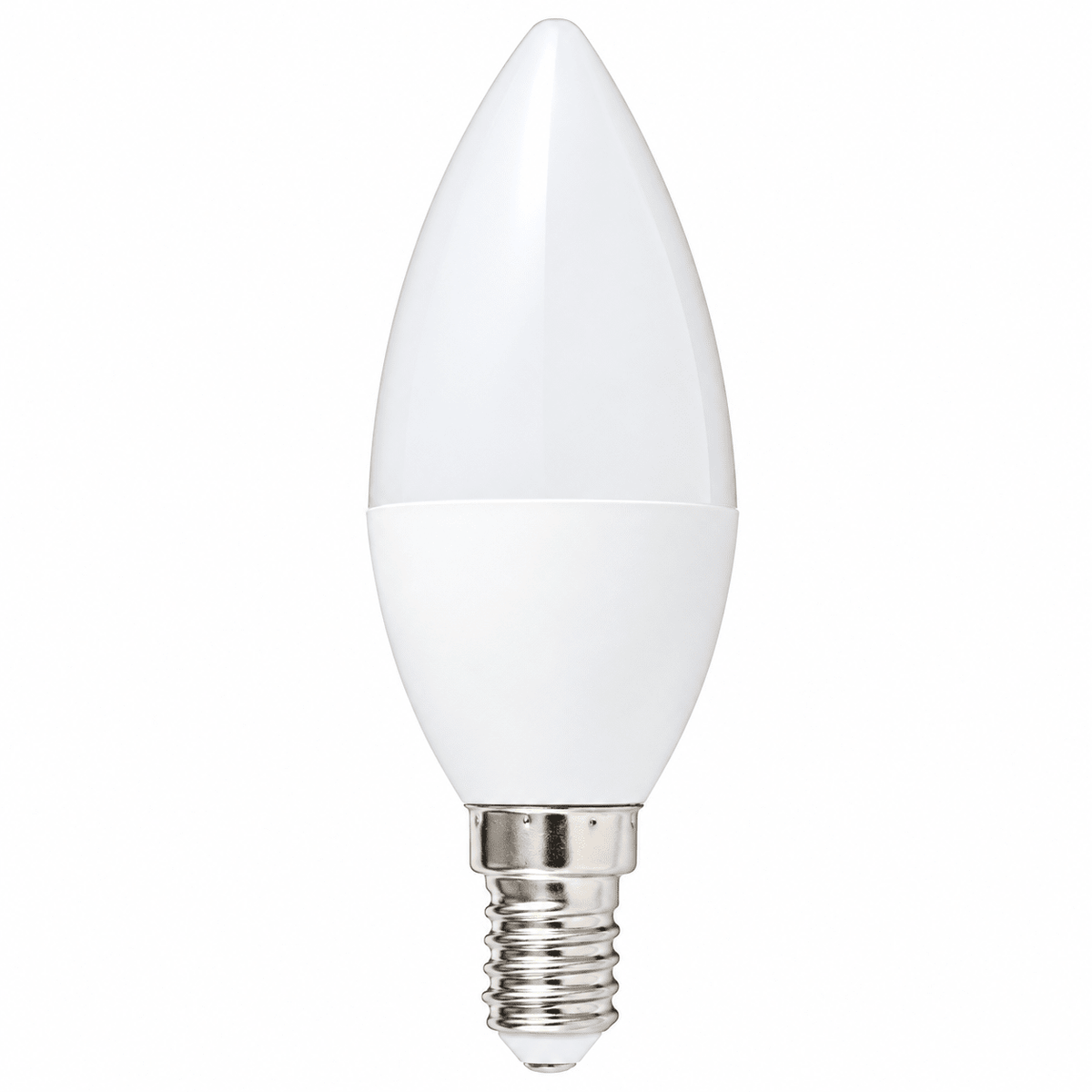 White frosted candle LED bulb with E14 screw base on plain white background