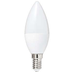 White frosted candle LED bulb with E14 screw base on plain white background
