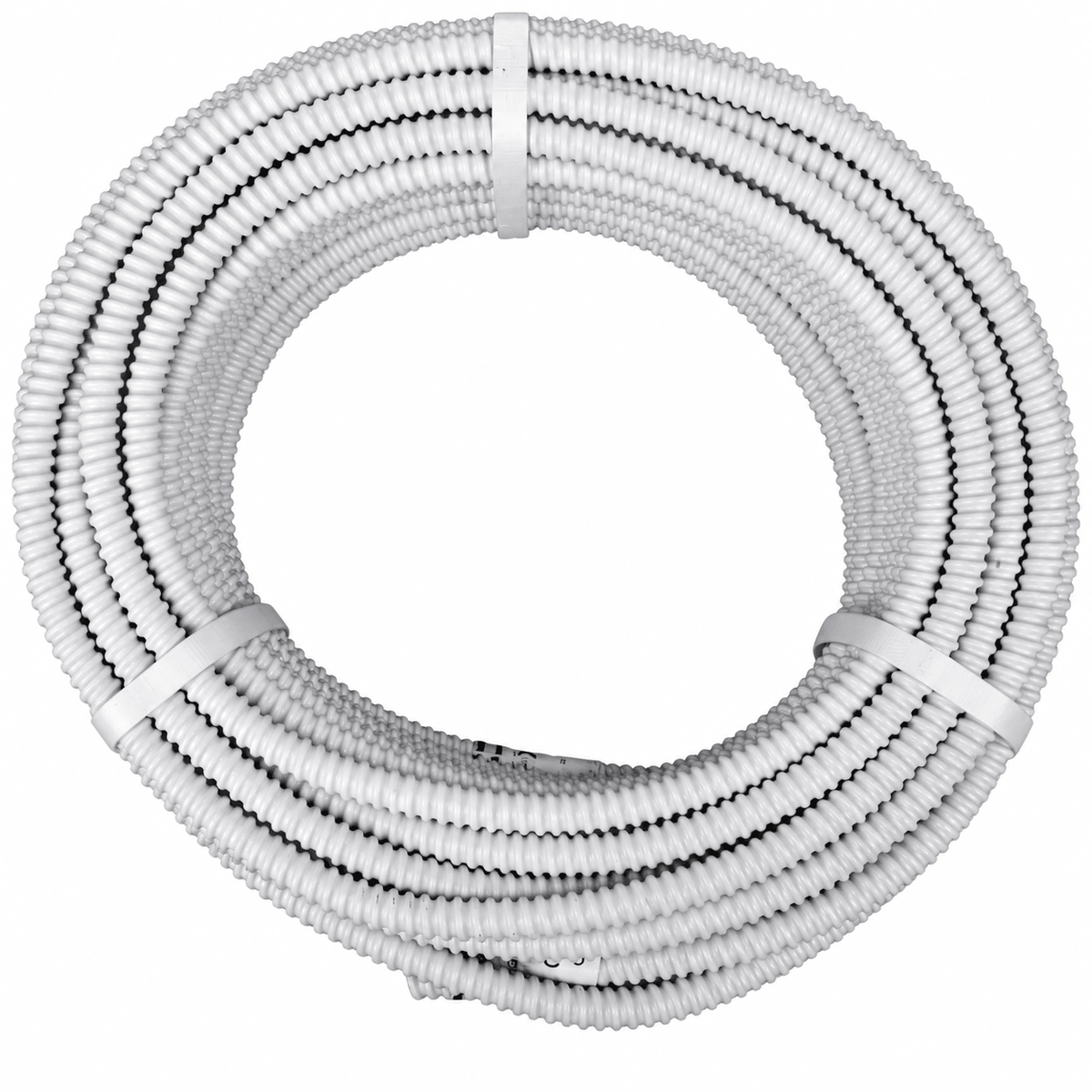 Coiled grey flexible PVC conduit, fire‑resistant, secured with white straps on white background.