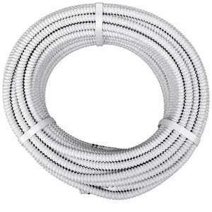 Coiled grey flexible PVC conduit, fire‑resistant, secured with white straps on white background.