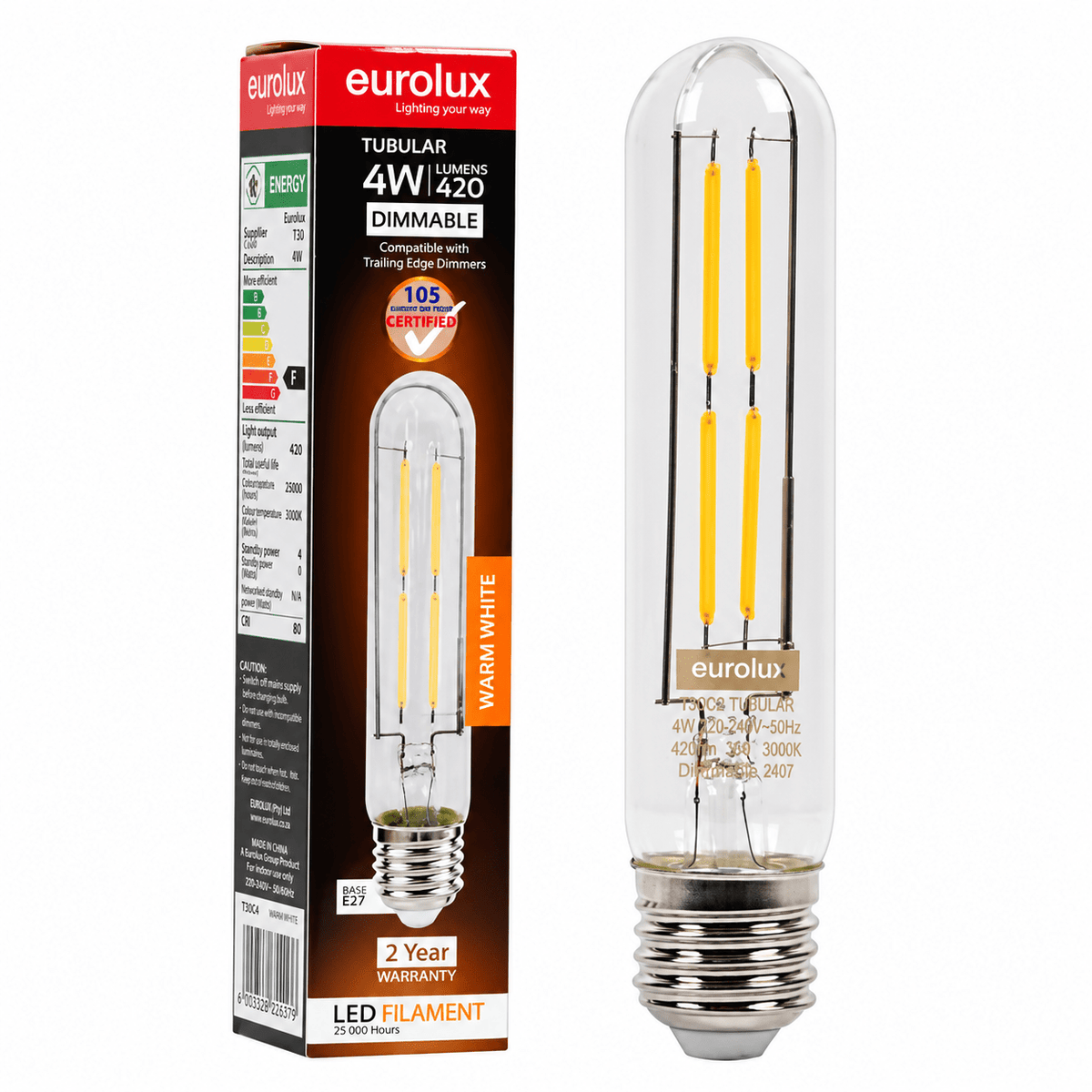 4W Warm White T30 LED Dimmable Bulb