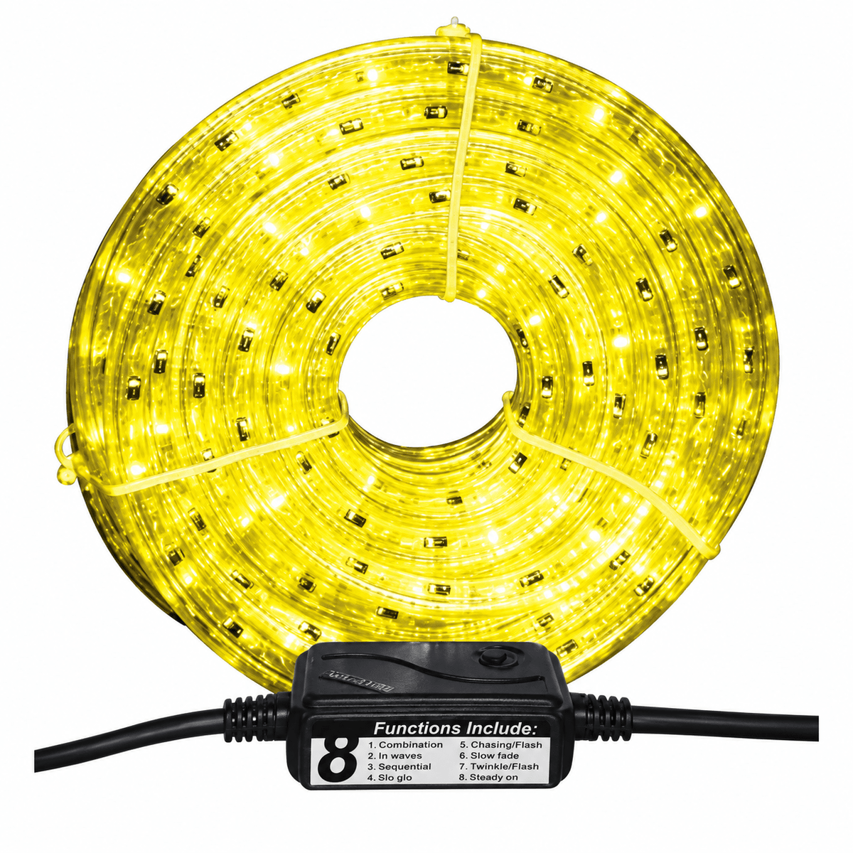 Coiled yellow LED rope light with black control box showing eight lighting functions, against white background