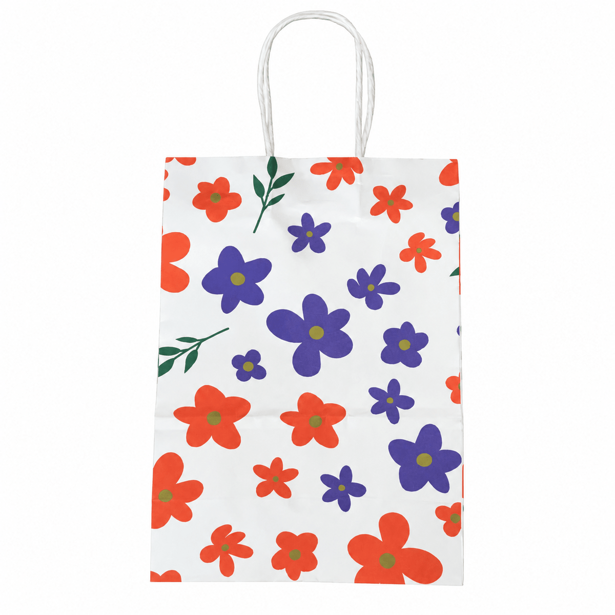 White paper gift bag with twisted handles, covered in orange and purple flowers and green leaf accents