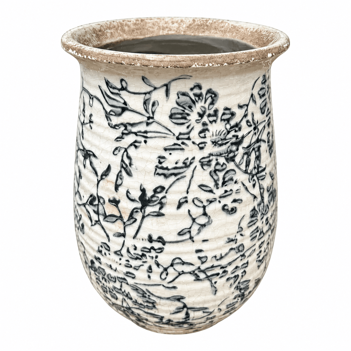 Ceramic Vase - Black Floral Silhouettes, Rippled Body