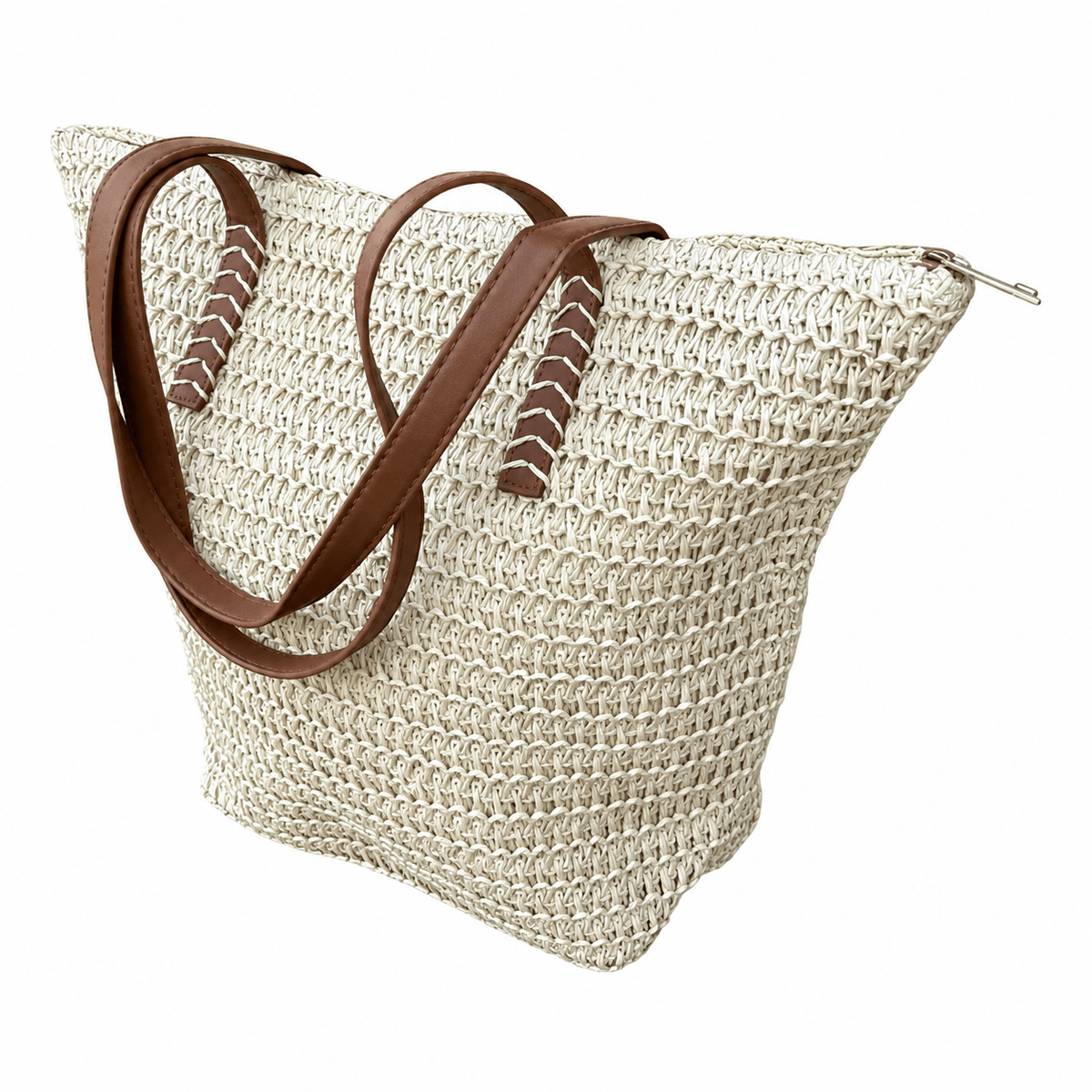 Braided Beach Bag - Dark Brown Faux Leather Handles